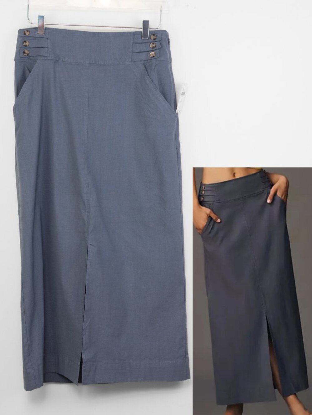 By Anthropologie Skirt Slim Column Front Slit Maxi Button Detail Grey 10 New